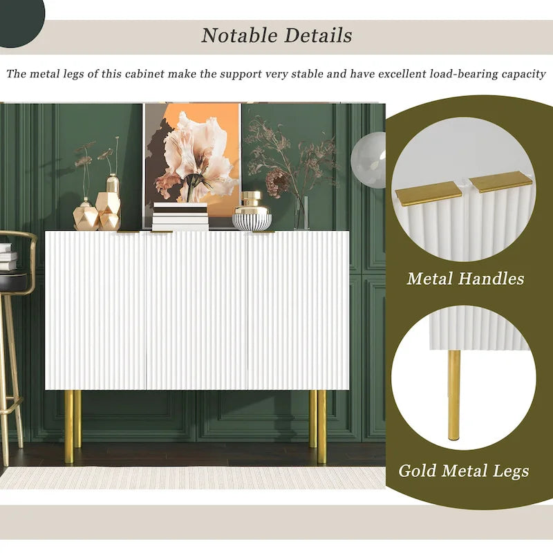 A sideboard with gold metal legs, handles, and adjustable shelves.