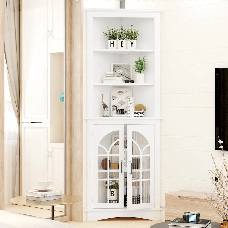 Corner Storage Cabinet, 63.3  Tall Freestanding Bookcase with Doors & Adjustable Shelves, 5-Tier Corner Display Cabinet