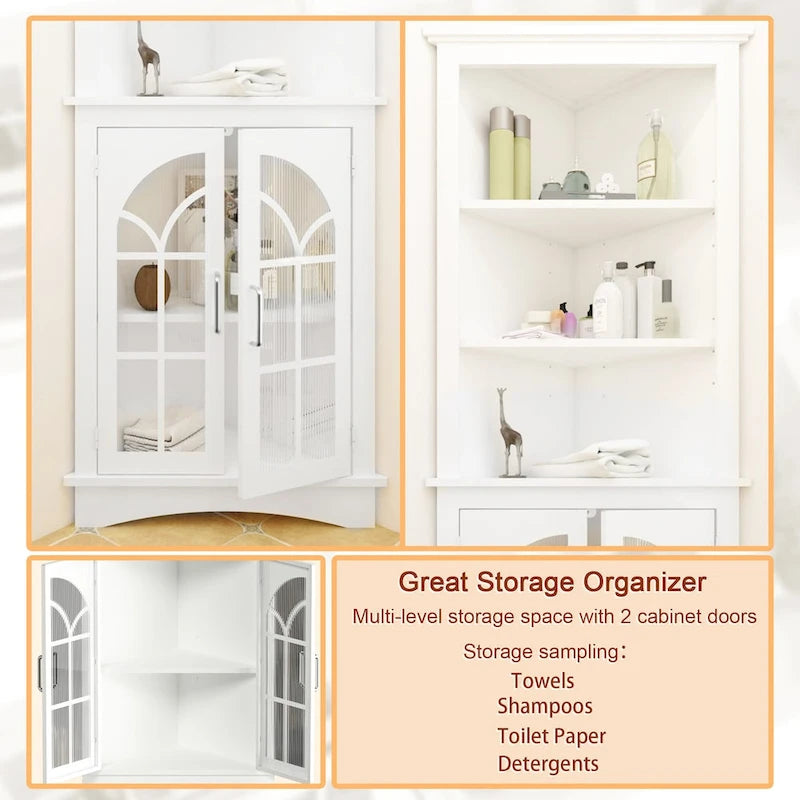 Corner Storage Cabinet, 63.3  Tall Freestanding Bookcase with Doors & Adjustable Shelves, 5-Tier Corner Display Cabinet