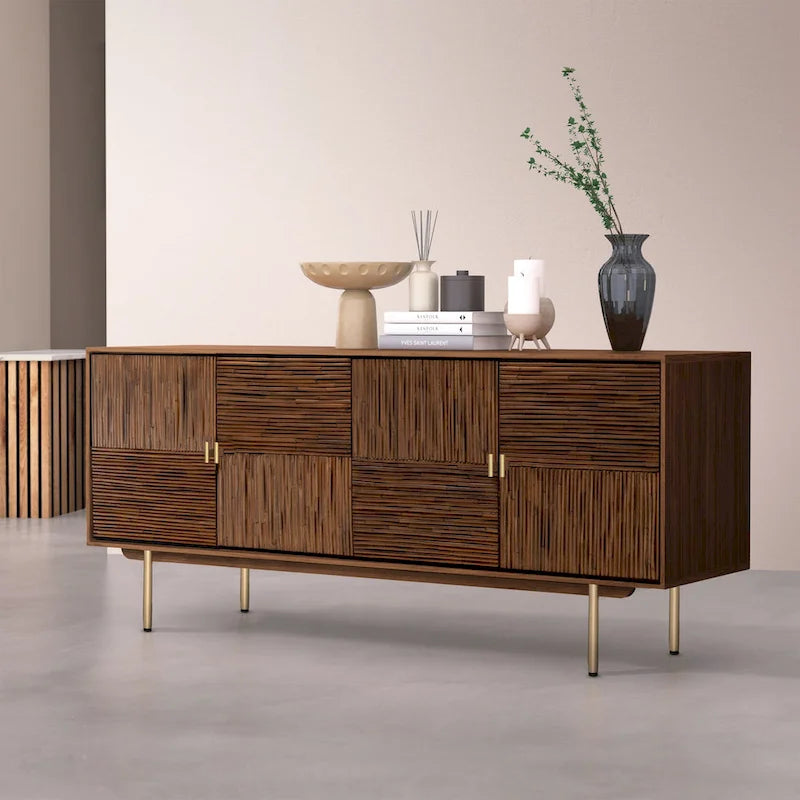 Sideboard, Walnut Acacia & Rattan, Soft-Close Doors, 63"