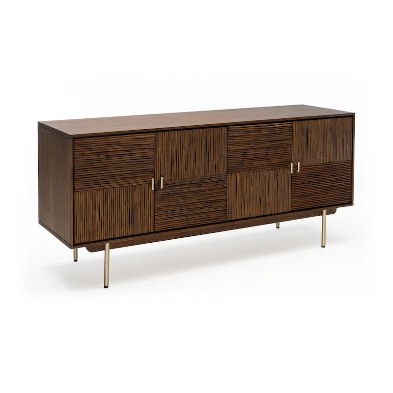 Sideboard, Walnut Acacia & Rattan, Soft-Close Doors, 63"