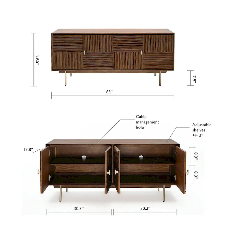 Sideboard, Walnut Acacia & Rattan, Soft-Close Doors, 63"