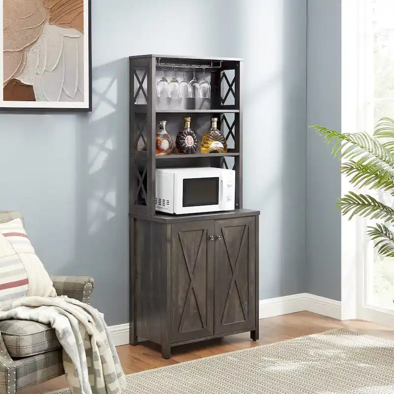 Coffee Bar Cabinet with Microwave Stand Metal Frame Side Home Source Bar Cabinet Cabinet and Hollow out Barn Design Wood Cabinet