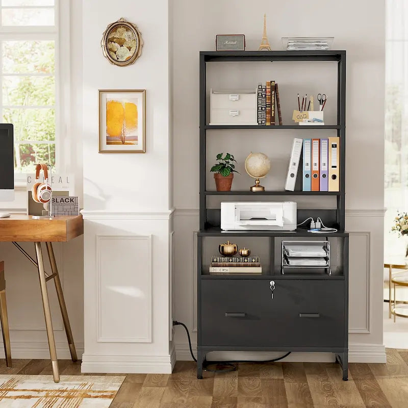 61 H Office File Cabinet with Locked Drawers and Hutch, Sideboard with USB Station and Hutch