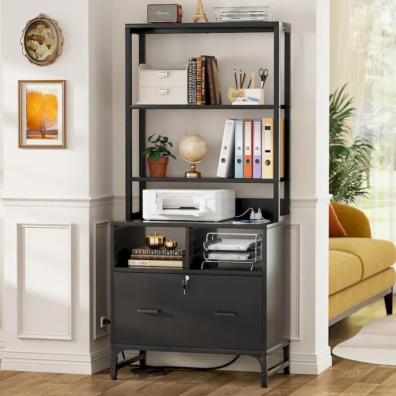 61 H Office File Cabinet with Locked Drawers and Hutch, Sideboard with USB Station and Hutch