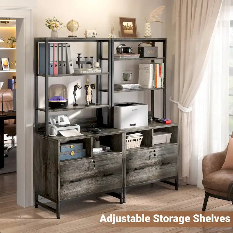 61 H Office File Cabinet with Locked Drawers and Hutch, Sideboard with USB Station and Hutch