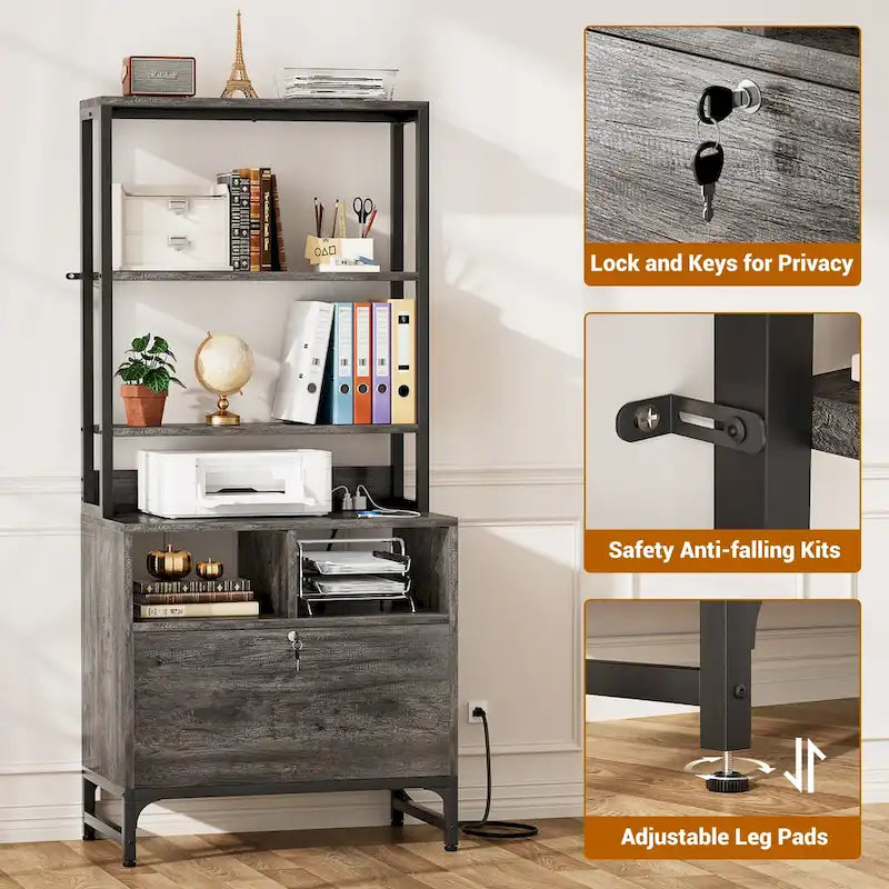 61 H Office File Cabinet with Locked Drawers and Hutch, Sideboard with USB Station and Hutch