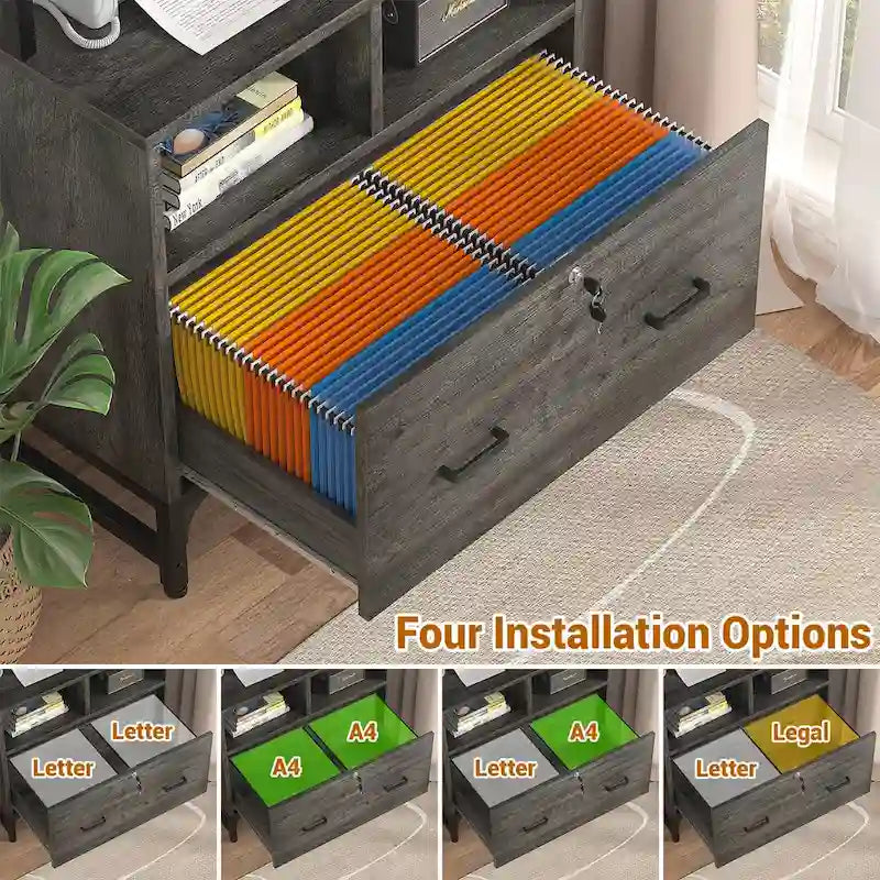 61 H Office File Cabinet with Locked Drawers and Hutch, Sideboard with USB Station and Hutch