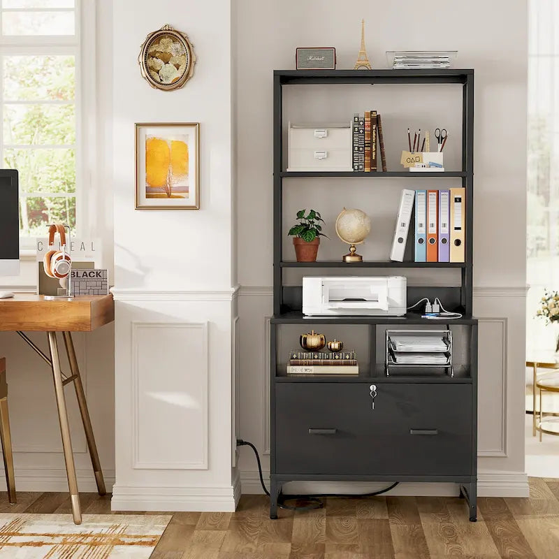 61 H Office File Cabinet with Locked Drawers and Hutch, Sideboard with USB Station and Hutch