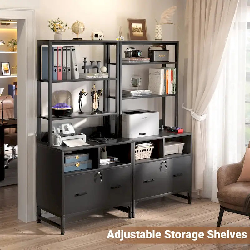 61 H Office File Cabinet with Locked Drawers and Hutch, Sideboard with USB Station and Hutch