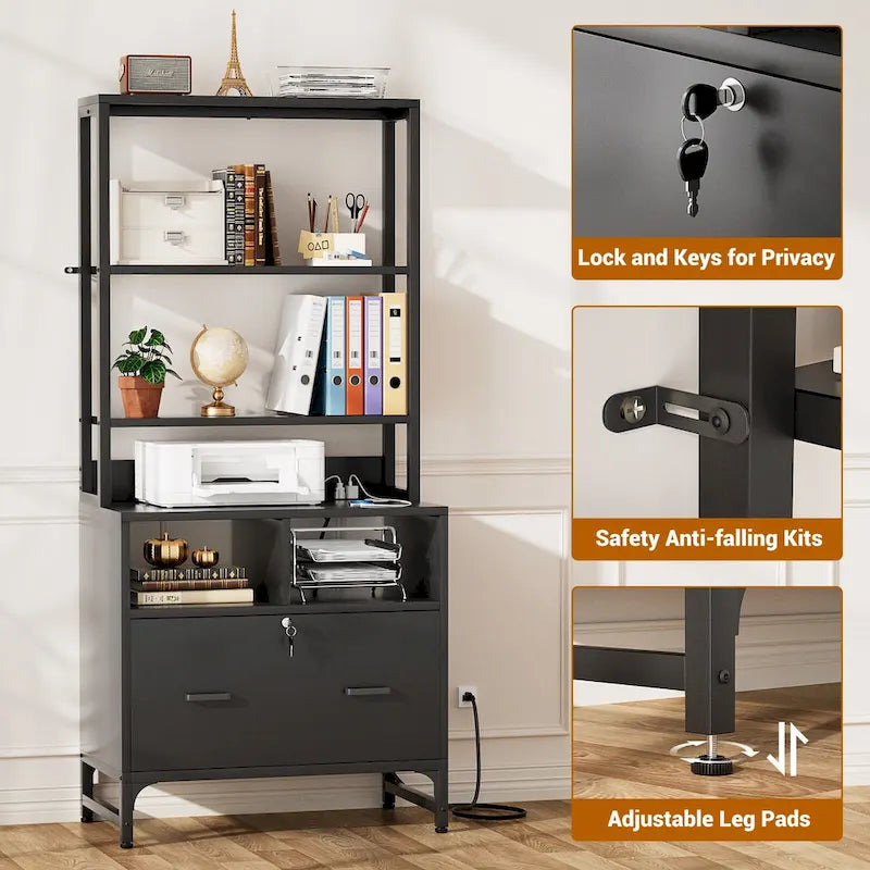 61 H Office File Cabinet with Locked Drawers and Hutch, Sideboard with USB Station and Hutch