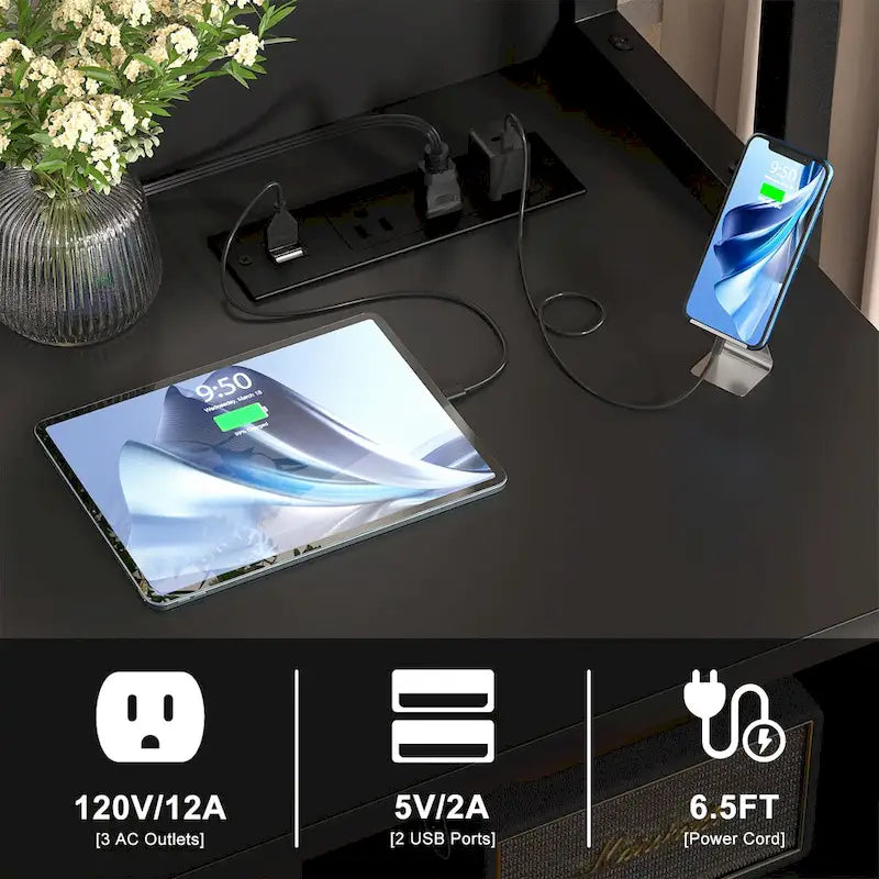 61 H Office File Cabinet with Locked Drawers and Hutch, Sideboard with USB Station and Hutch