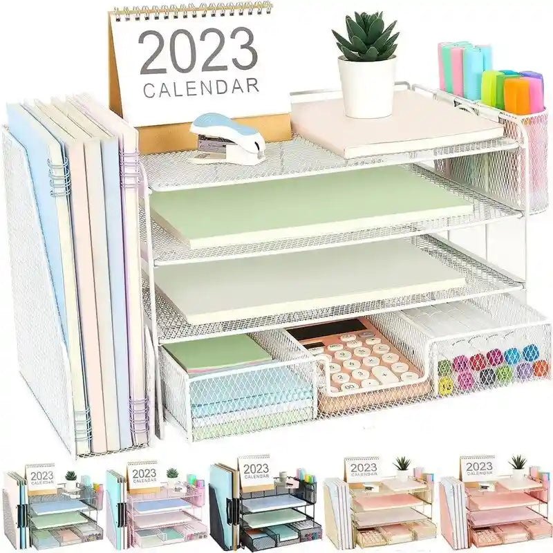 Metal Mesh Desk Organizer With 4 Trays, File Rack, Sliding Drawer & Pen Holders, Rust-Resistant, Tool-Free Assembly