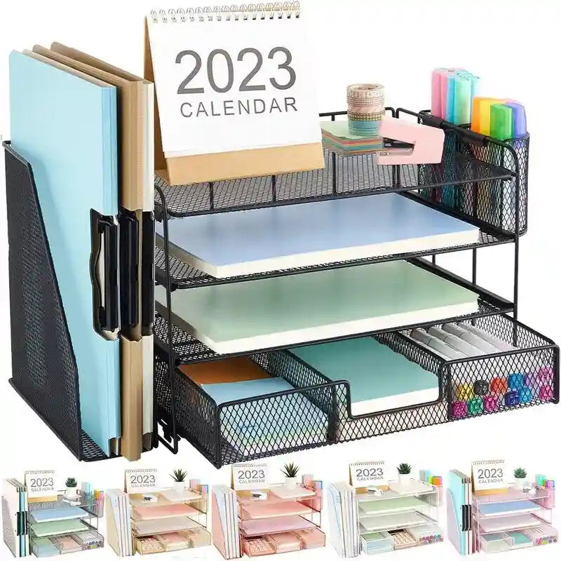 Metal Mesh Desk Organizer With 4 Trays, File Rack, Sliding Drawer & Pen Holders, Rust-Resistant, Tool-Free Assembly
