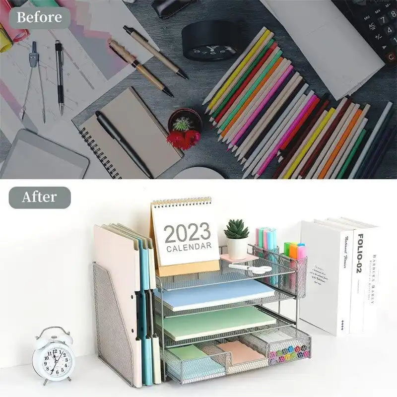 Metal Mesh Desk Organizer With 4 Trays, File Rack, Sliding Drawer & Pen Holders, Rust-Resistant, Tool-Free Assembly