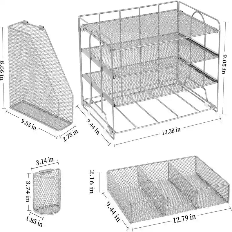 Metal Mesh Desk Organizer With 4 Trays, File Rack, Sliding Drawer & Pen Holders, Rust-Resistant, Tool-Free Assembly