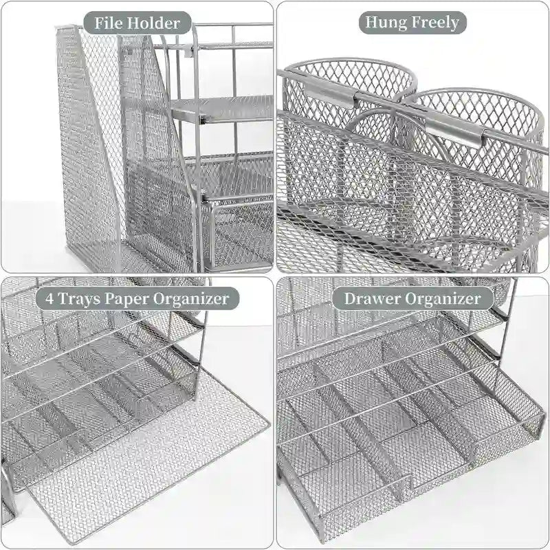 Metal Mesh Desk Organizer With 4 Trays, File Rack, Sliding Drawer & Pen Holders, Rust-Resistant, Tool-Free Assembly