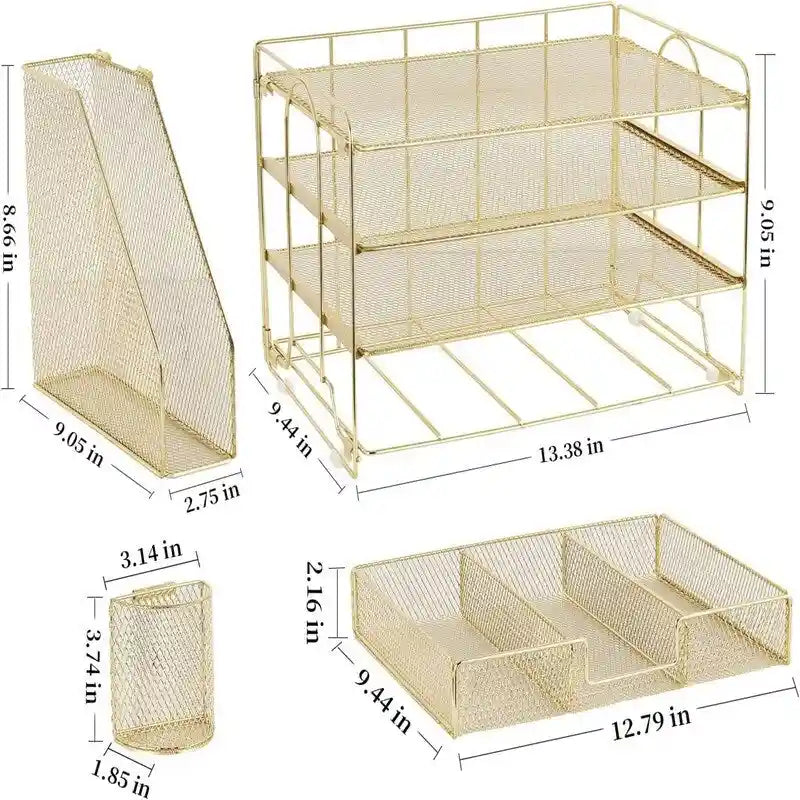 Metal Mesh Desk Organizer With 4 Trays, File Rack, Sliding Drawer & Pen Holders, Rust-Resistant, Tool-Free Assembly