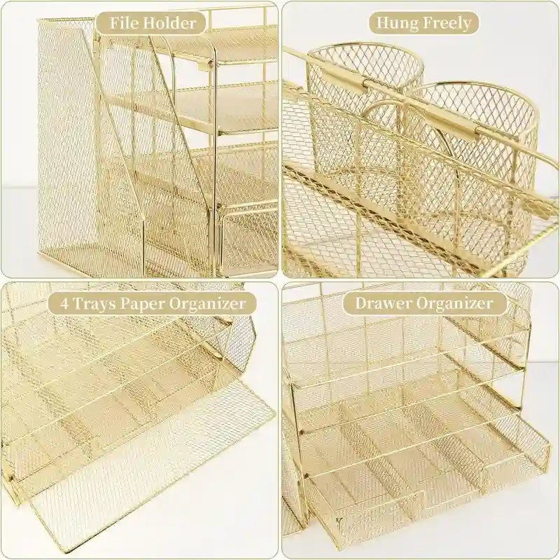 Metal Mesh Desk Organizer With 4 Trays, File Rack, Sliding Drawer & Pen Holders, Rust-Resistant, Tool-Free Assembly