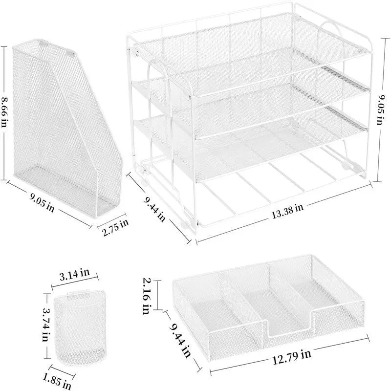 Metal Mesh Desk Organizer With 4 Trays, File Rack, Sliding Drawer & Pen Holders, Rust-Resistant, Tool-Free Assembly