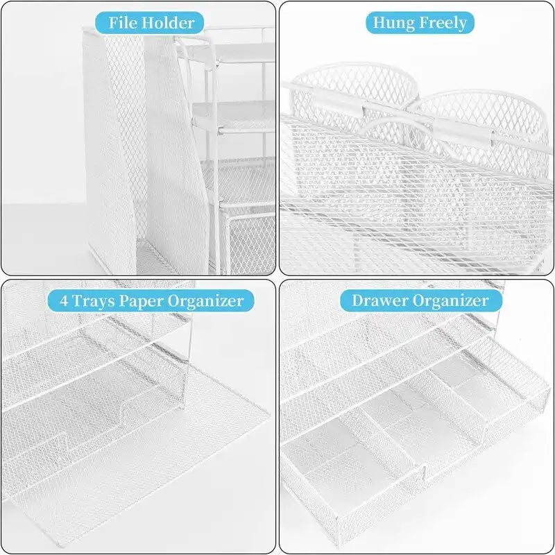 Metal Mesh Desk Organizer With 4 Trays, File Rack, Sliding Drawer & Pen Holders, Rust-Resistant, Tool-Free Assembly