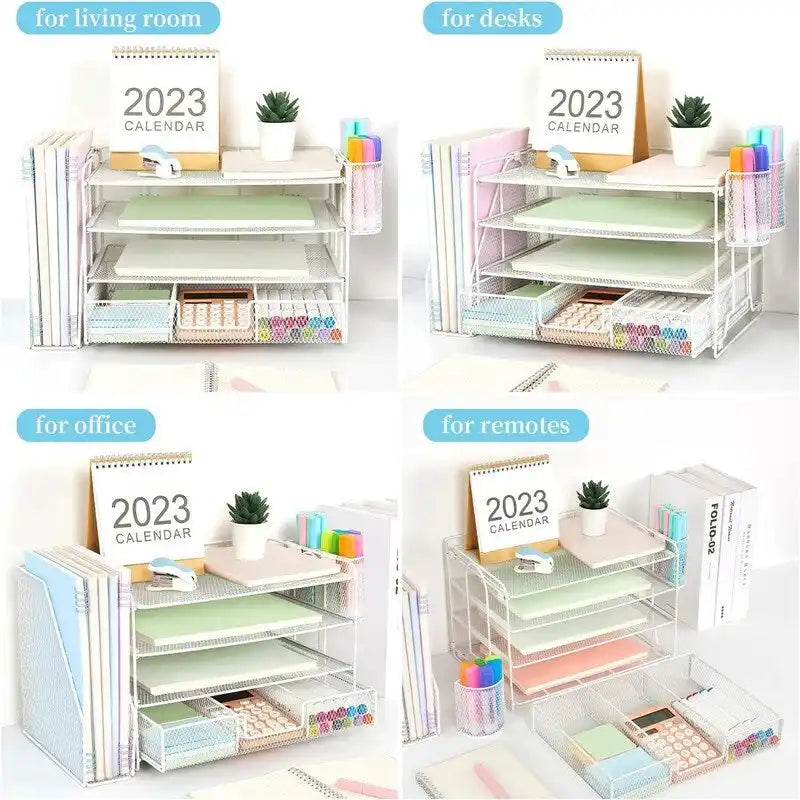 Metal Mesh Desk Organizer With 4 Trays, File Rack, Sliding Drawer & Pen Holders, Rust-Resistant, Tool-Free Assembly