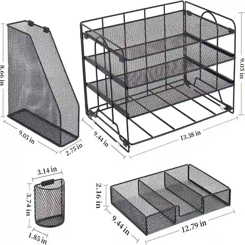 Metal Mesh Desk Organizer With 4 Trays, File Rack, Sliding Drawer & Pen Holders, Rust-Resistant, Tool-Free Assembly