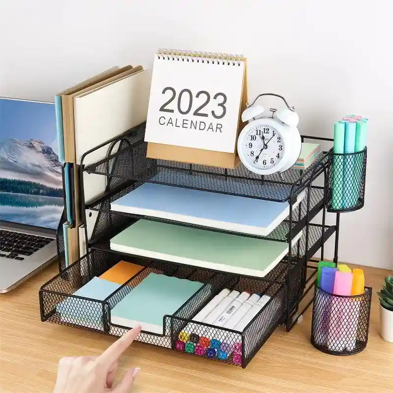 Metal Mesh Desk Organizer With 4 Trays, File Rack, Sliding Drawer & Pen Holders, Rust-Resistant, Tool-Free Assembly