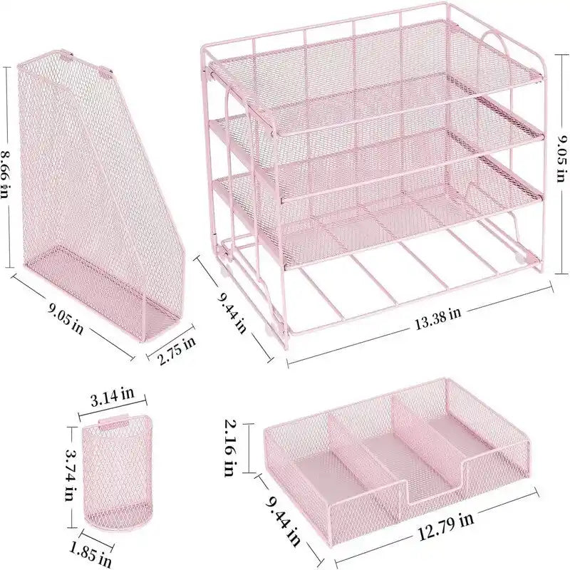 Metal Mesh Desk Organizer With 4 Trays, File Rack, Sliding Drawer & Pen Holders, Rust-Resistant, Tool-Free Assembly