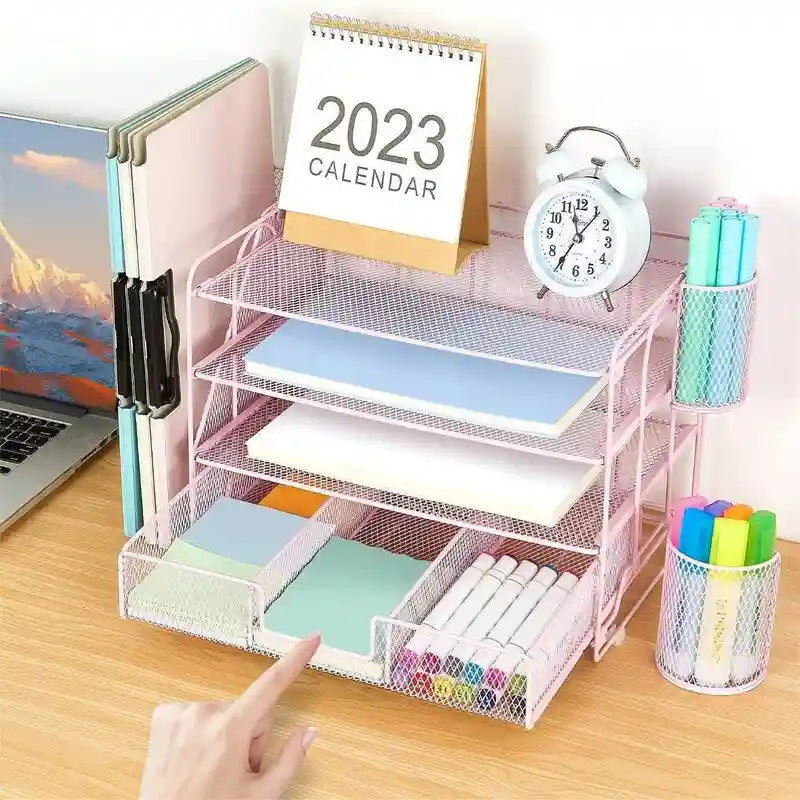 Metal Mesh Desk Organizer With 4 Trays, File Rack, Sliding Drawer & Pen Holders, Rust-Resistant, Tool-Free Assembly