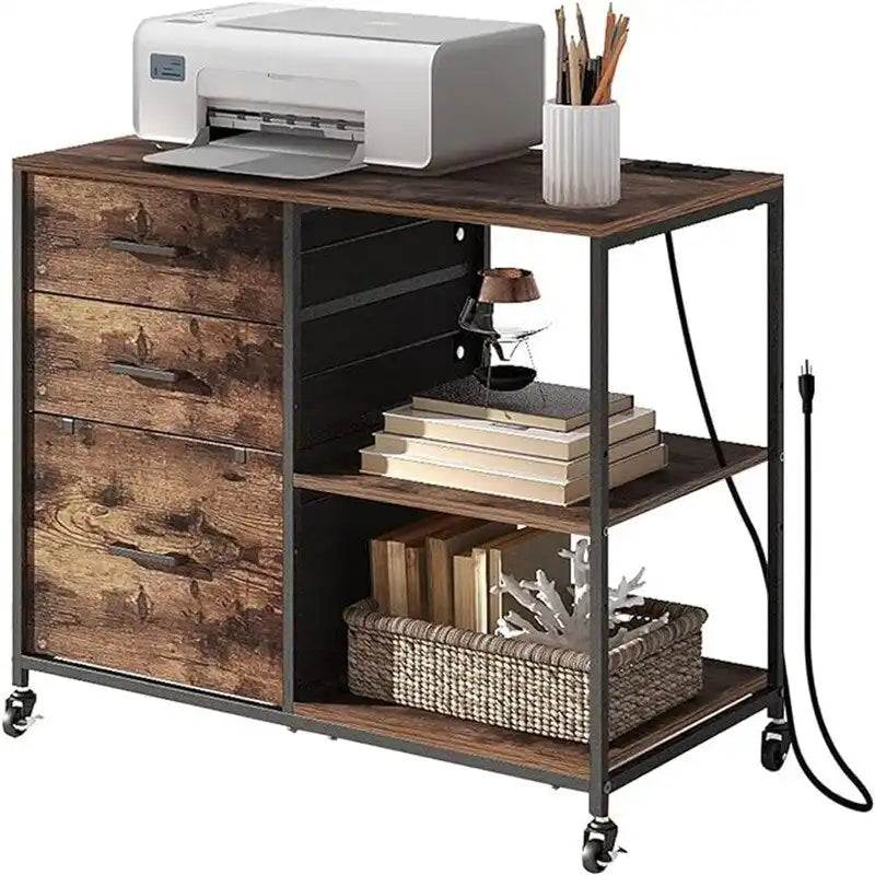 Mobile Filing Cabinet With Power Outlets And Usb Ports, 3 Drawers And A Storage Shelf, 250-Pound Weight Capacity, And Locking Casters.
