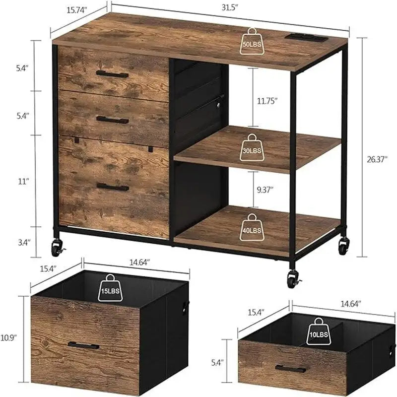 Mobile Filing Cabinet With Power Outlets And Usb Ports, 3 Drawers And A Storage Shelf, 250-Pound Weight Capacity, And Locking Casters.