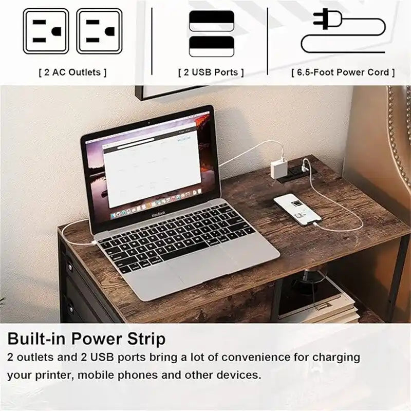 Mobile Filing Cabinet With Power Outlets And Usb Ports, 3 Drawers And A Storage Shelf, 250-Pound Weight Capacity, And Locking Casters.