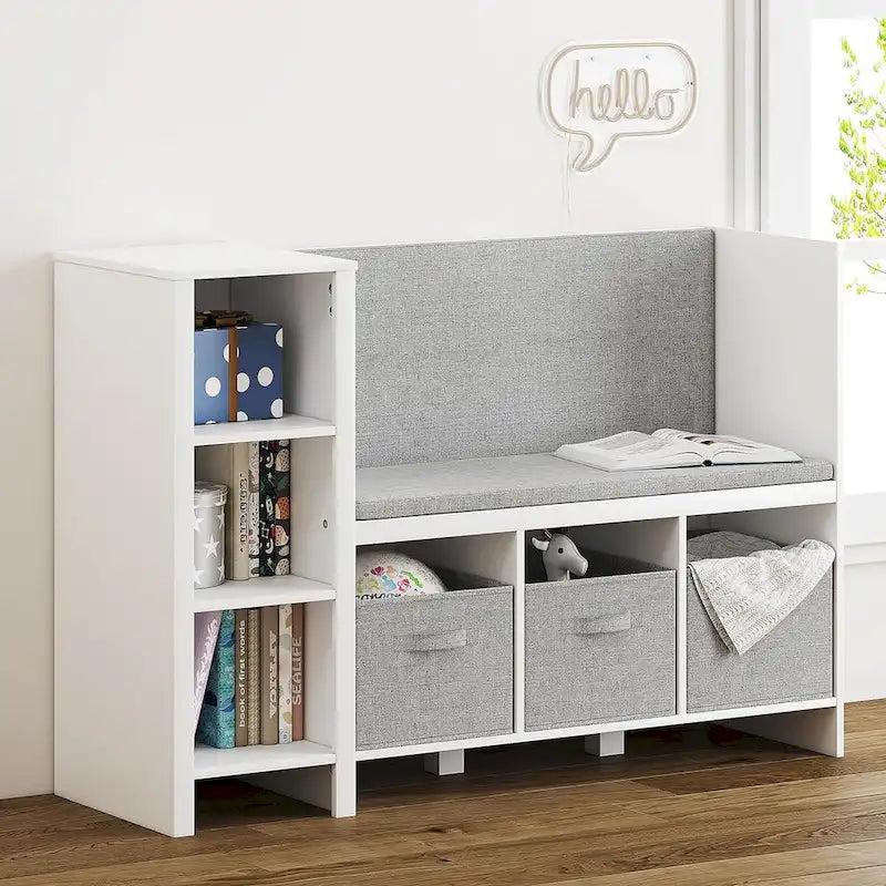 COSTARS Kids Bookshelf with Reading Nook, Toddler Bookcase Bench and Toy Storage Organizer with Seat and Back Cushion