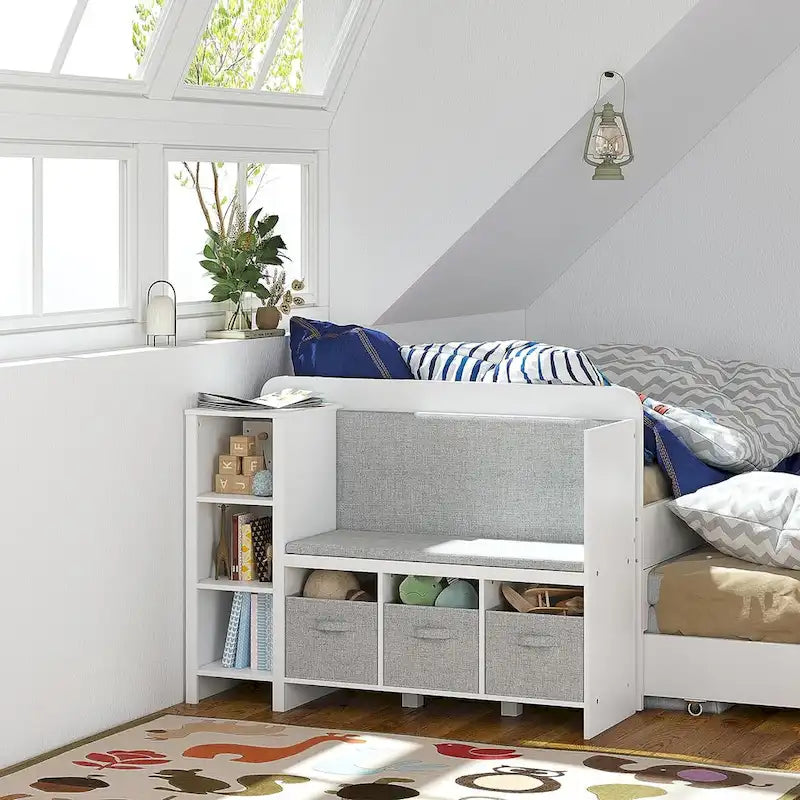 Children's bookshelf with reading nook, toddler bookshelf bench, and toy storage organizer, complete with seat and cushions.
