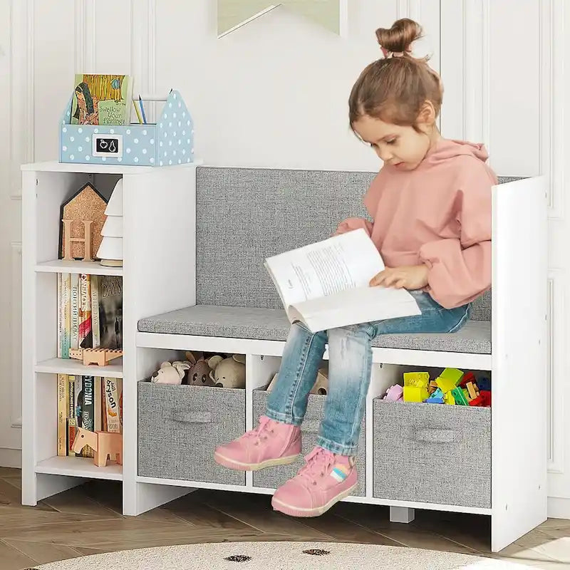 Children's bookshelf with reading nook, toddler bookshelf bench, and toy storage organizer, complete with seat and cushions.