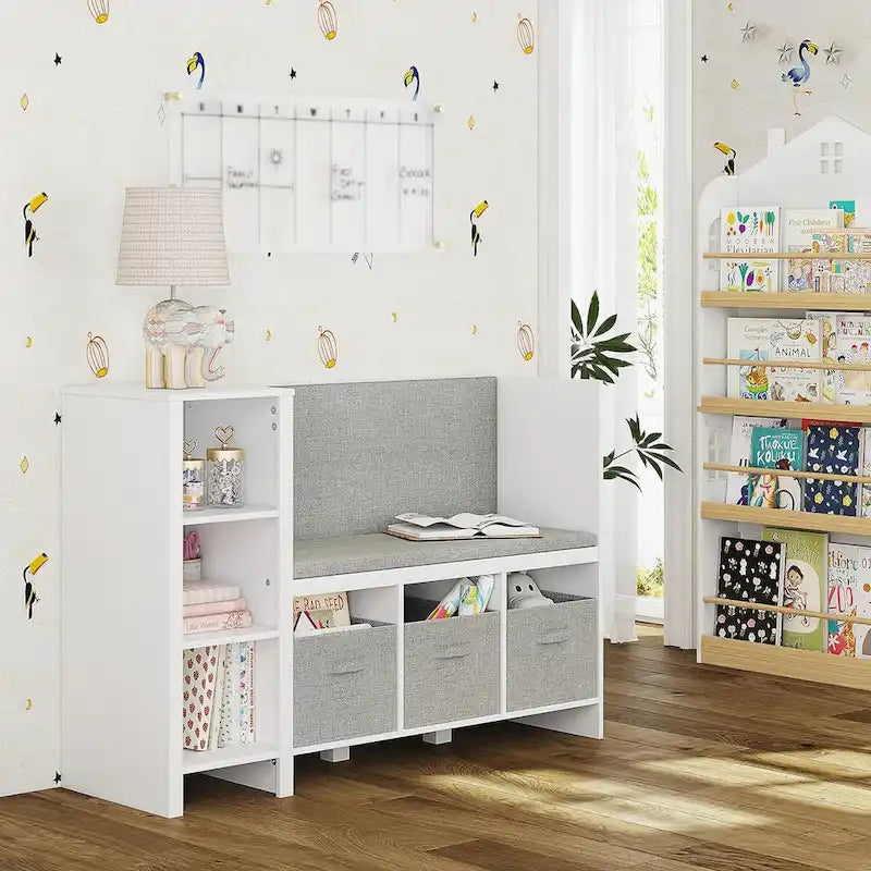 Children's bookshelf with reading nook, toddler bookshelf bench, and toy storage organizer, complete with seat and cushions.