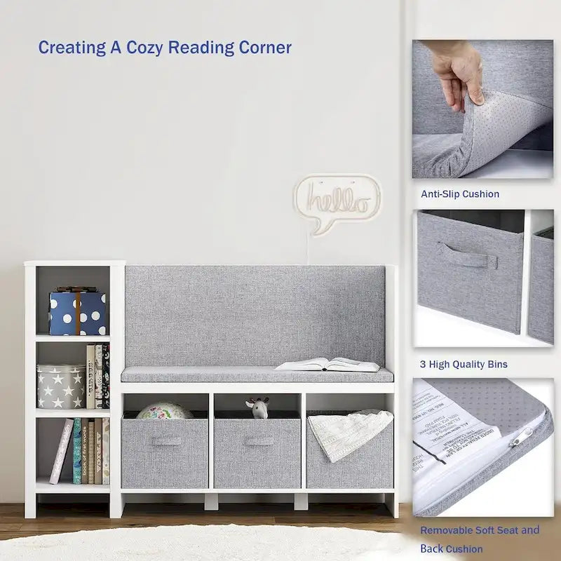 Children's bookshelf with reading nook, toddler bookshelf bench, and toy storage organizer, complete with seat and cushions.