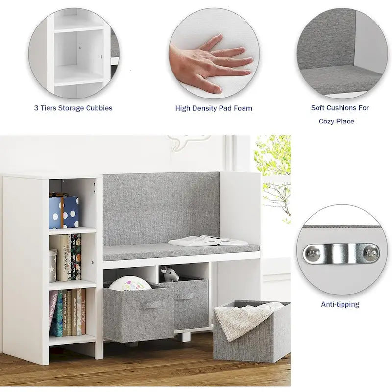 Children's bookshelf with reading nook, toddler bookshelf bench, and toy storage organizer, complete with seat and cushions.