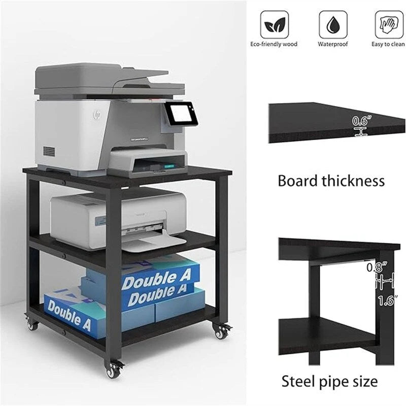 Mobile 3-Tier Rolling Printer Stand with Wheels, 150 lb Capacity, 19.7" Top for Office & Home Organization