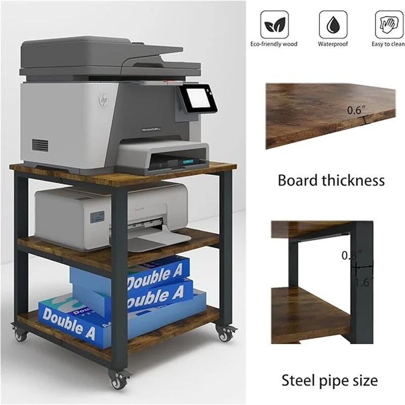 Mobile 3-Tier Rolling Printer Stand with Wheels, 150 lb Capacity, 19.7" Top for Office & Home Organization