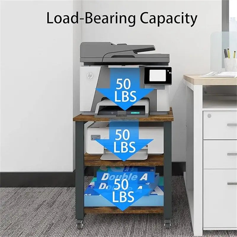 Mobile 3-Tier Rolling Printer Stand with Wheels, 150 lb Capacity, 19.7" Top for Office & Home Organization