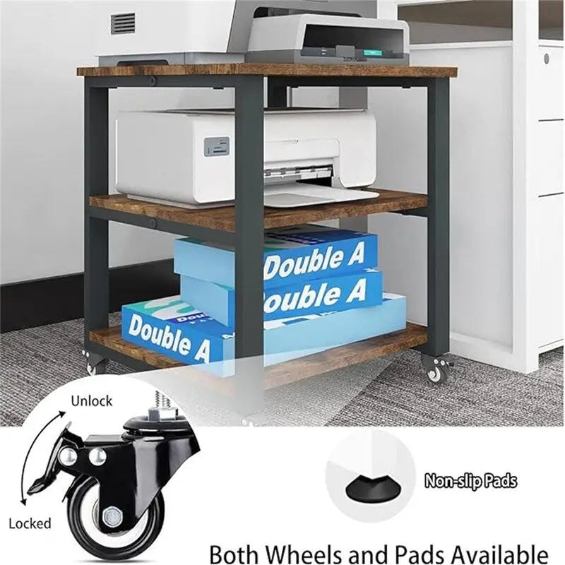 Mobile 3-Tier Rolling Printer Stand with Wheels, 150 lb Capacity, 19.7" Top for Office & Home Organization