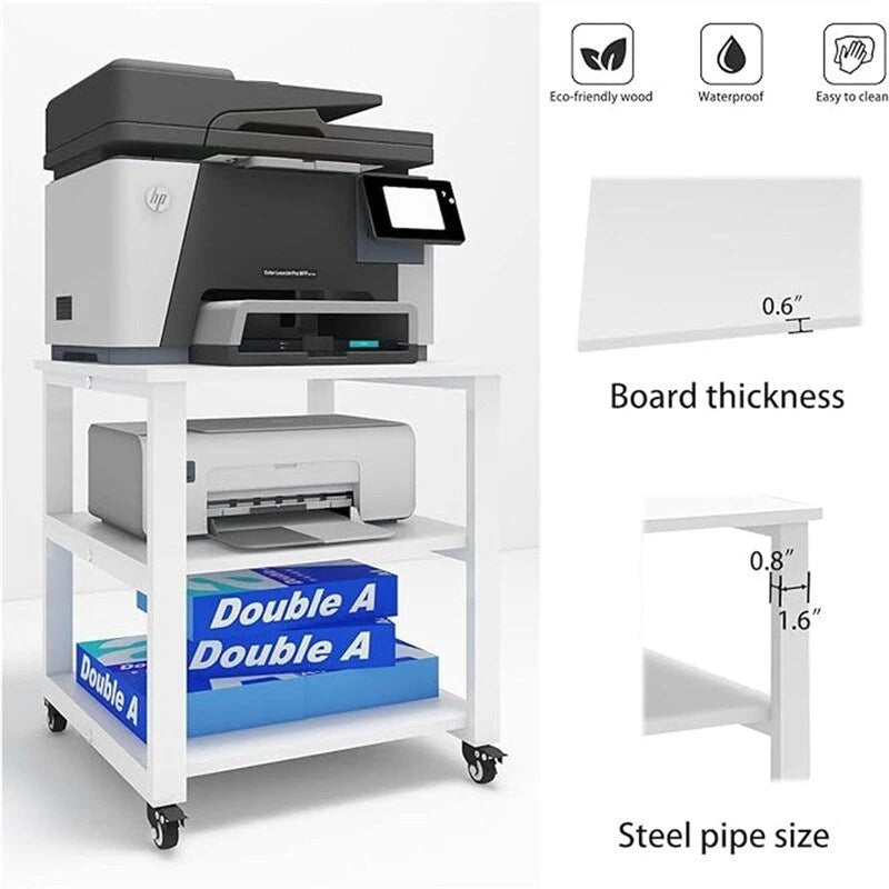 Mobile 3-Tier Rolling Printer Stand with Wheels, 150 lb Capacity, 19.7" Top for Office & Home Organization