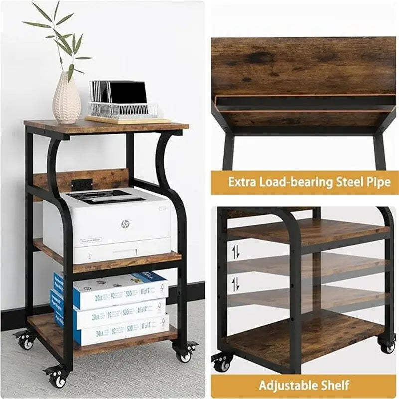 Three-tier printer stand, printer table with adjustable storage shelves.