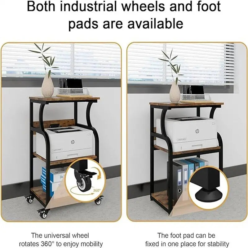 Three-tier printer stand, printer table with adjustable storage shelves.
