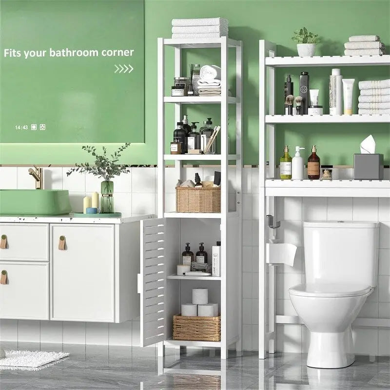 Six-tier, floor-standing, slim storage cabinet, 67 inches tall, with louvered doors and open shelves.