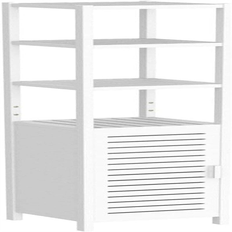 Six-tier, floor-standing, slim storage cabinet, 67 inches tall, with louvered doors and open shelves.
