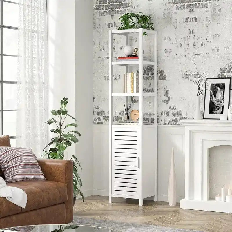 Six-tier, floor-standing, slim storage cabinet, 67 inches tall, with louvered doors and open shelves.