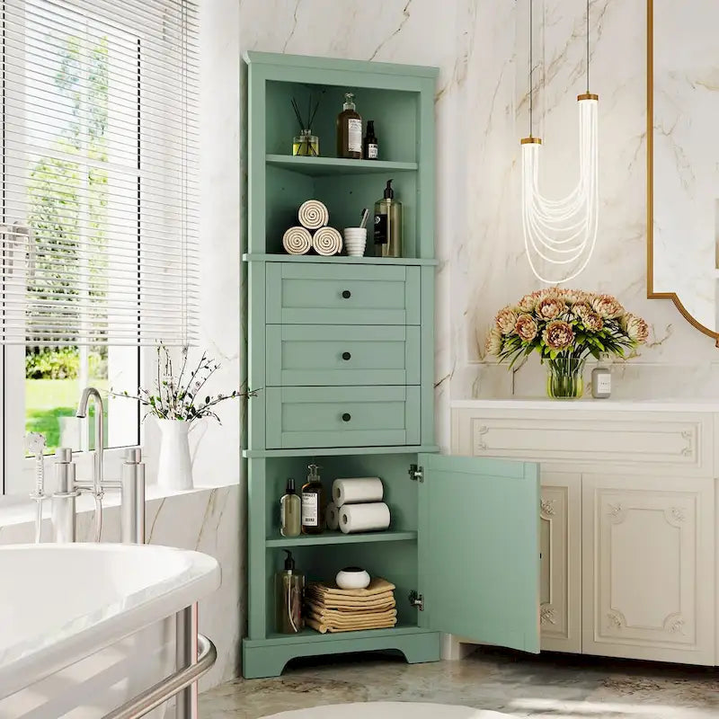 69  Tall Wood 1-door Bathroom Cabinet in Green with Adjustable Shelf